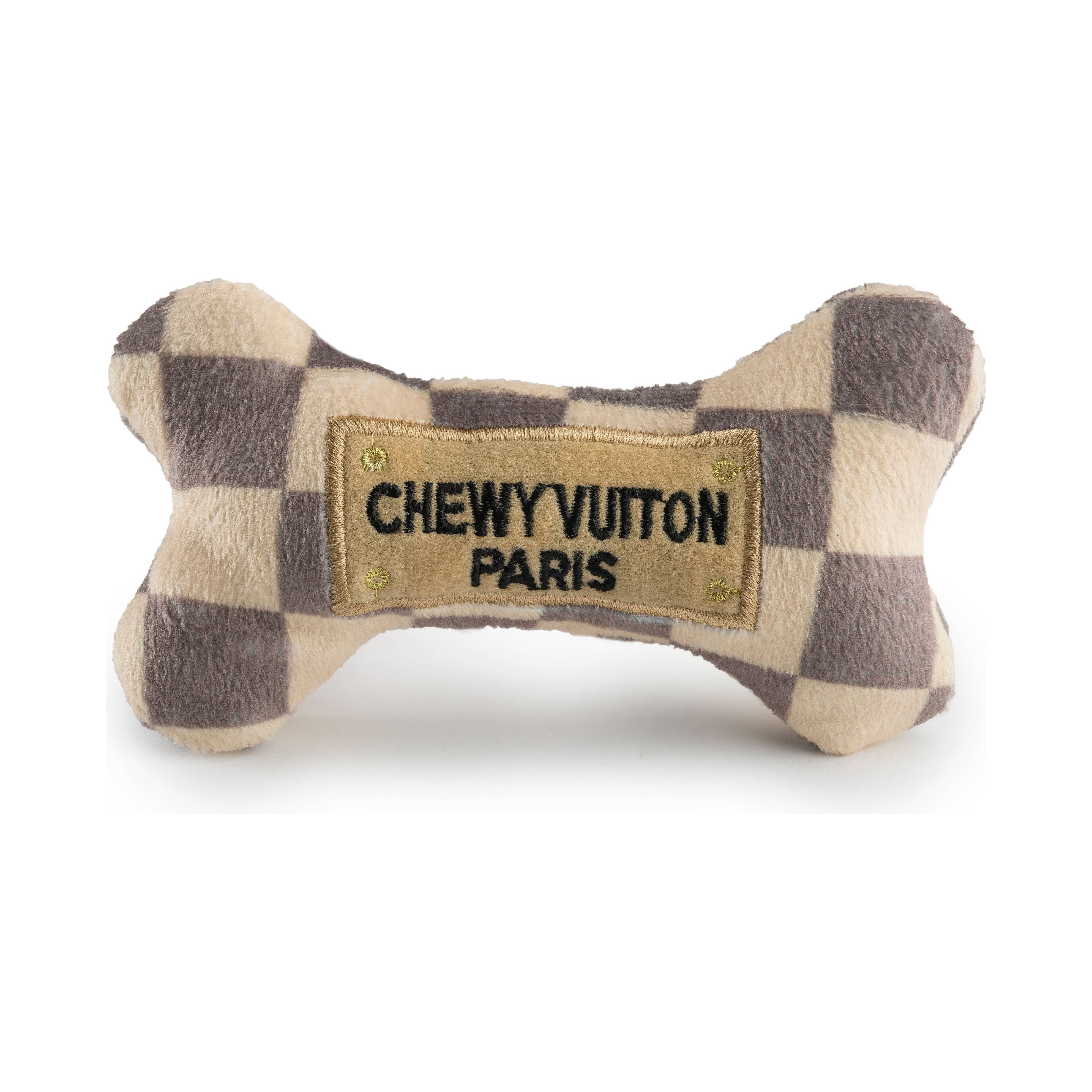 Checker Chewy Vuiton Bones Squeaker Dog Toy