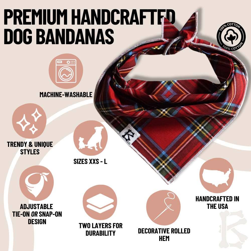 "Merry & Bright" Red Tartan Christmas Plaid Dog Bandana