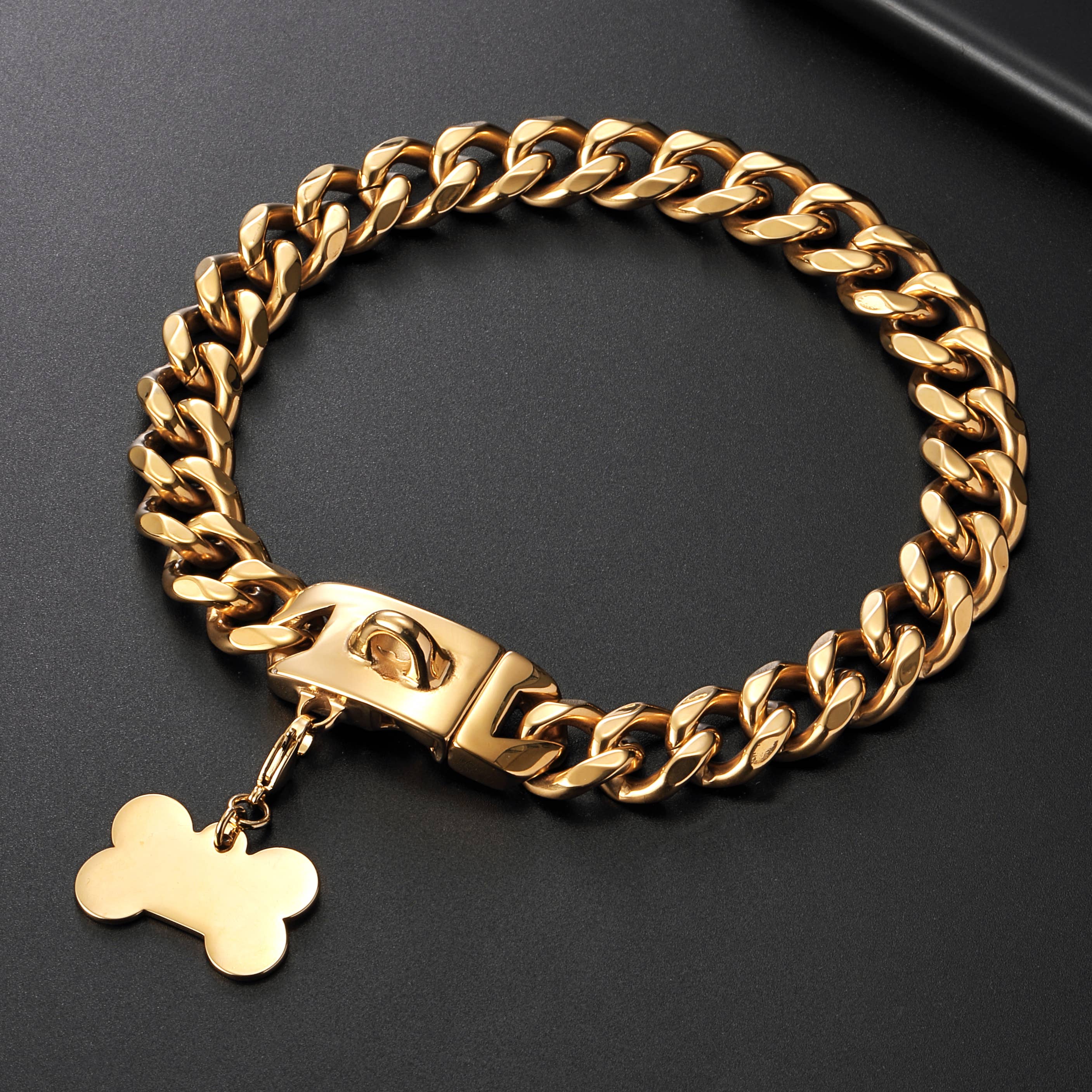 Vudeco Tarvos Gold Chain Dog Collar with Secure Snap Buckle - 19mm