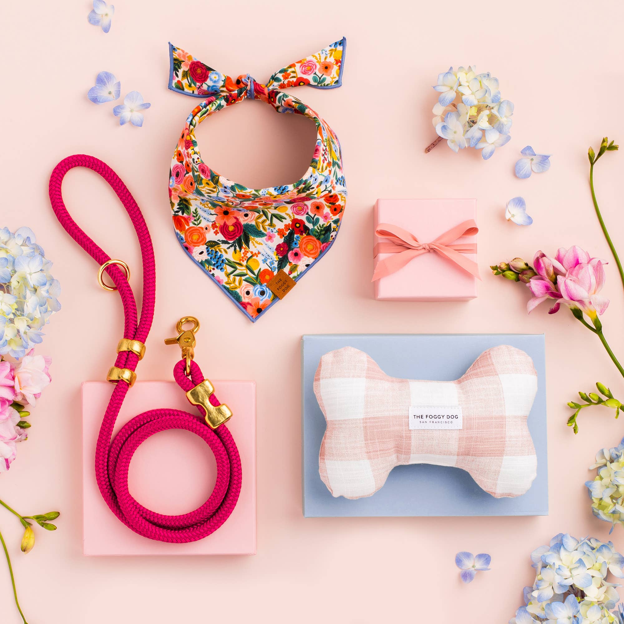 The Foggy Dog Blush Pink Gingham Dog Bone Squeaky Toy