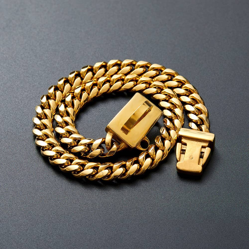 Vudeco Tarvos Gold Chain Dog Collar with Secure Snap Buckle 10mm