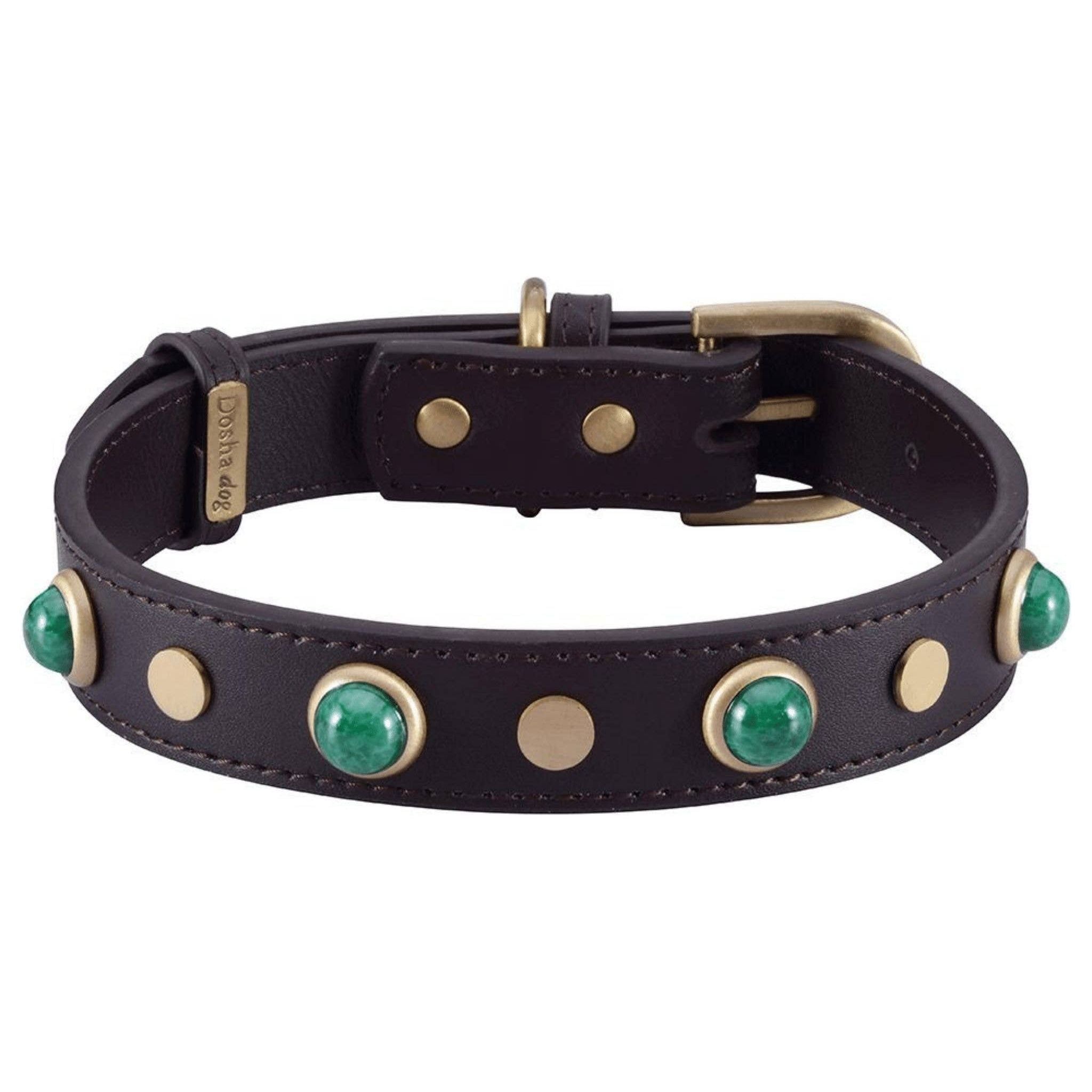 Dosha Dog Boho Dog Collar Brown w/ Glass Malachite Cabochons
