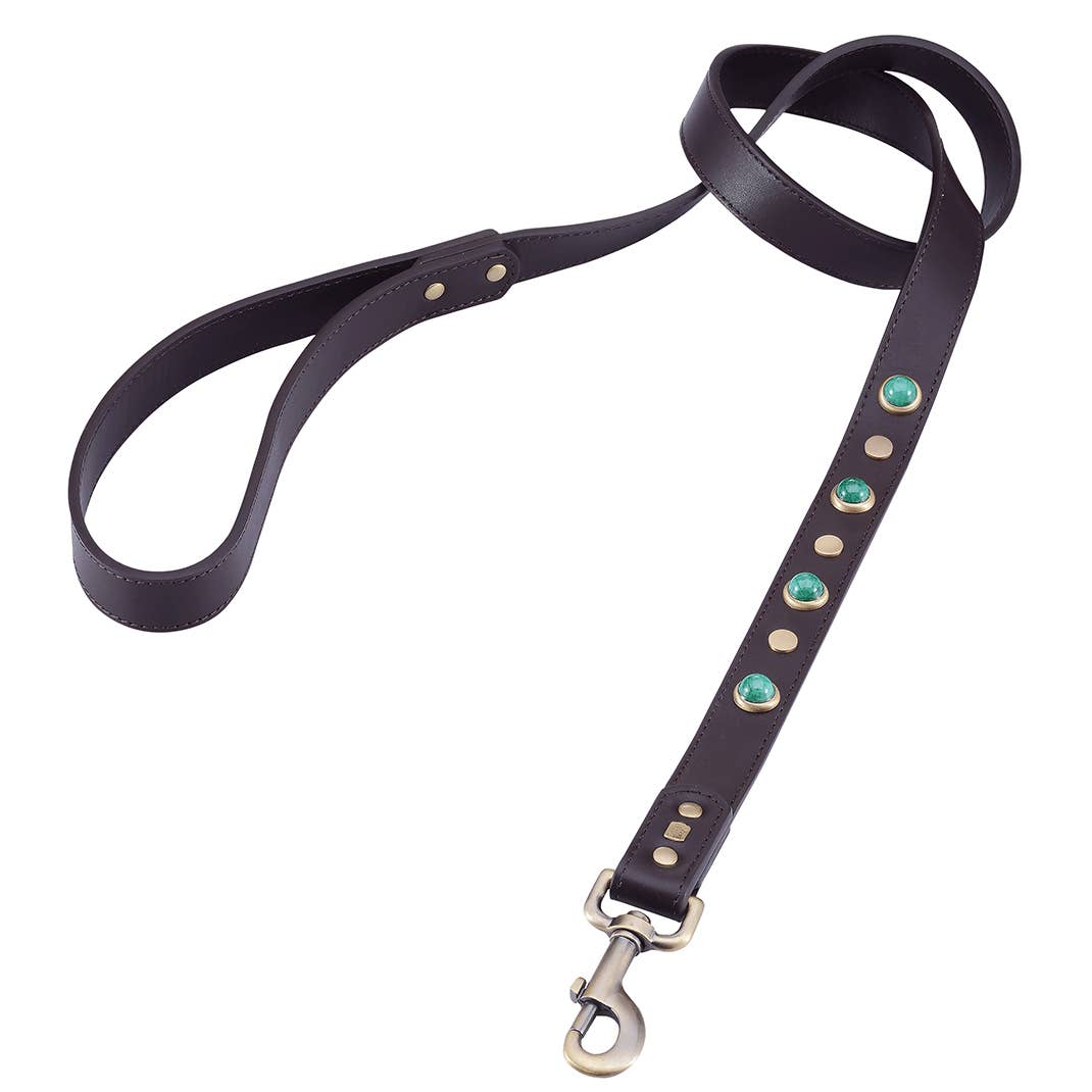 Dosha Dog Boho Dog Collar Brown w/ Glass Malachite Cabochons