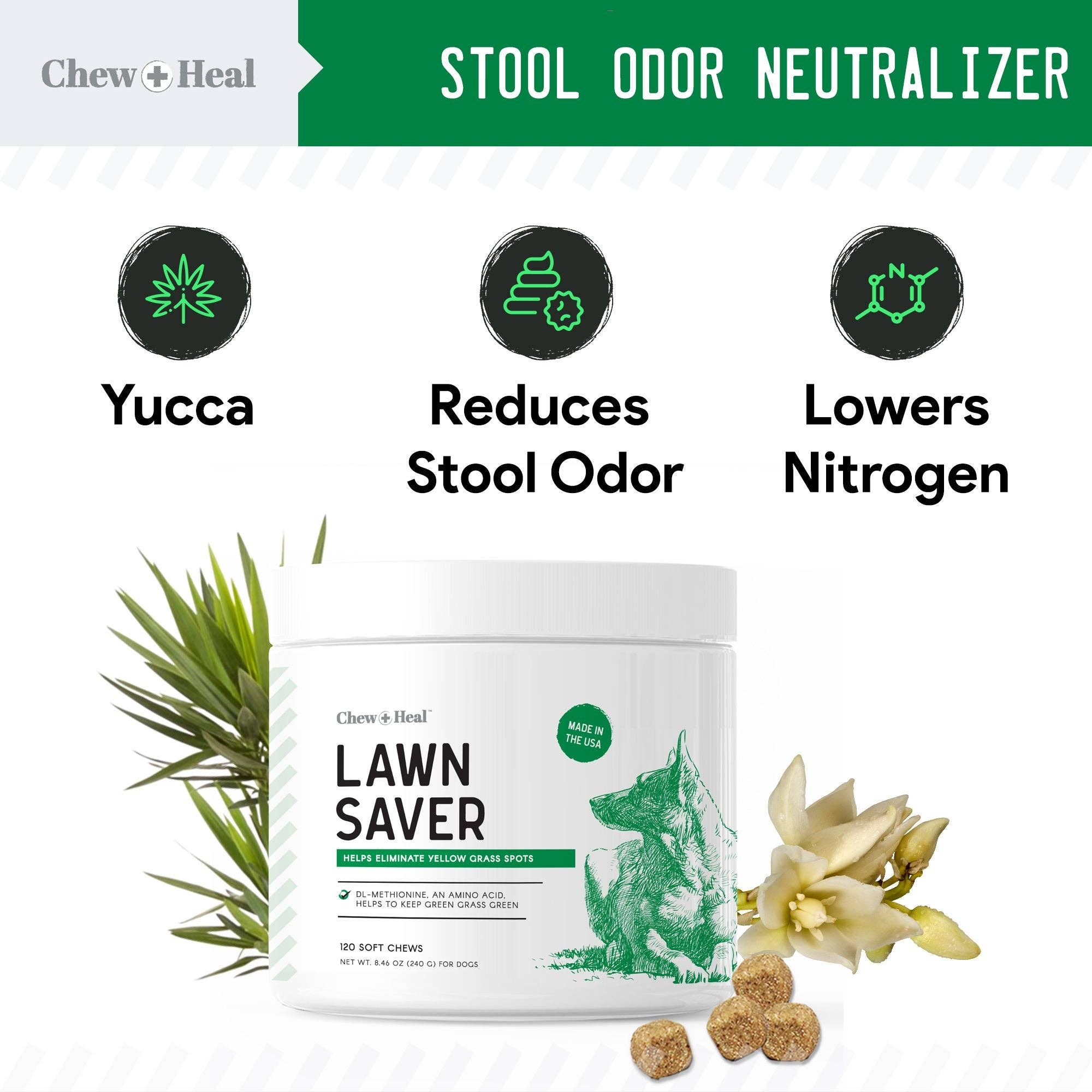 Chew + Heal Lawn Saver Chews For Dogs - Dog Urine Grass Saver - 120 Soft Chews