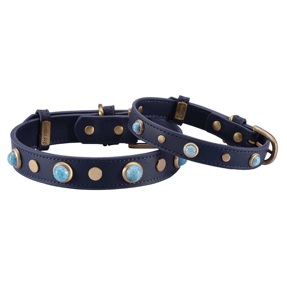Dosha Dog Boho Dog Collar Blue w/ Turquoise Glass Cabochons