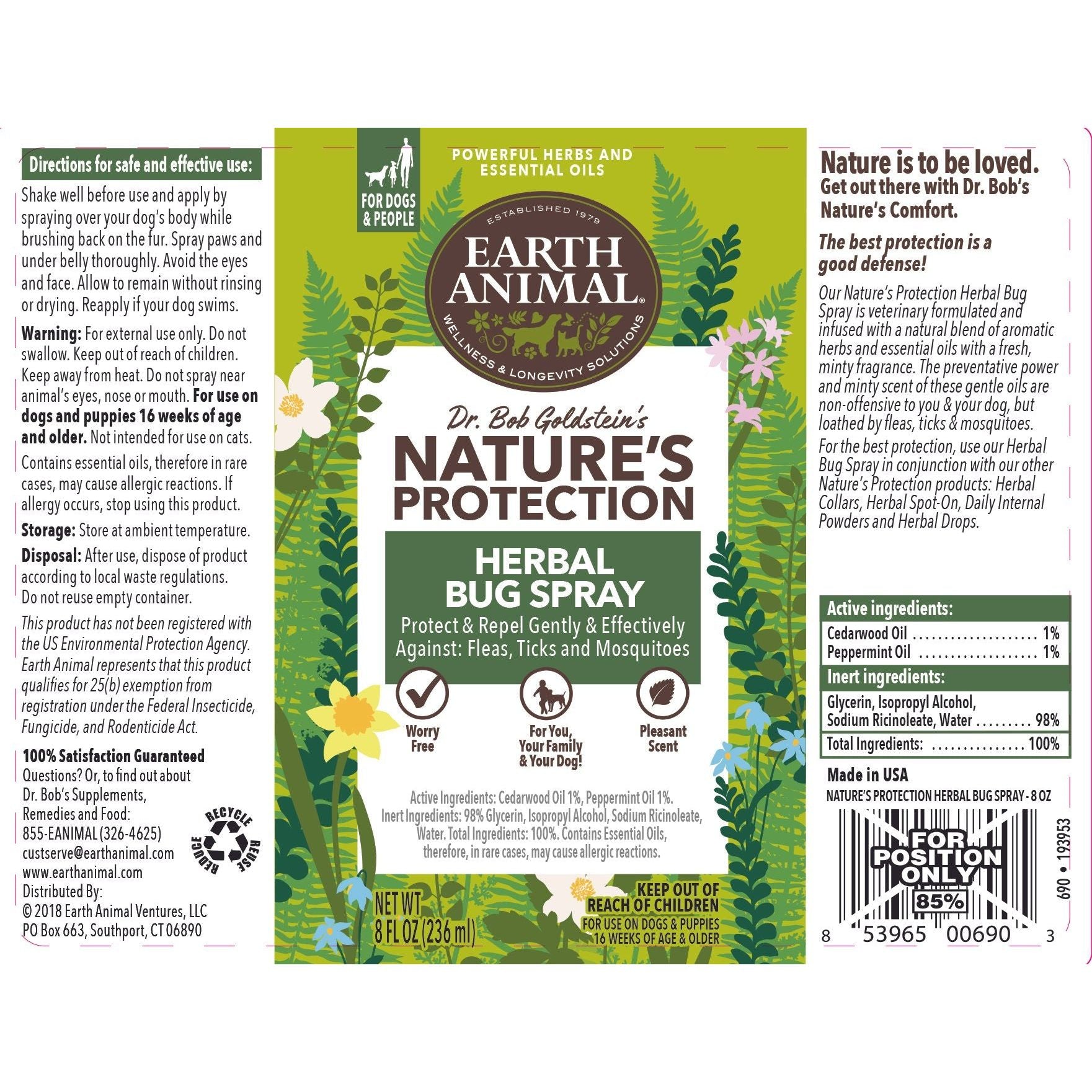 Earth Animal Dog Natures Protection Flea Tick Bug Spray 8oz