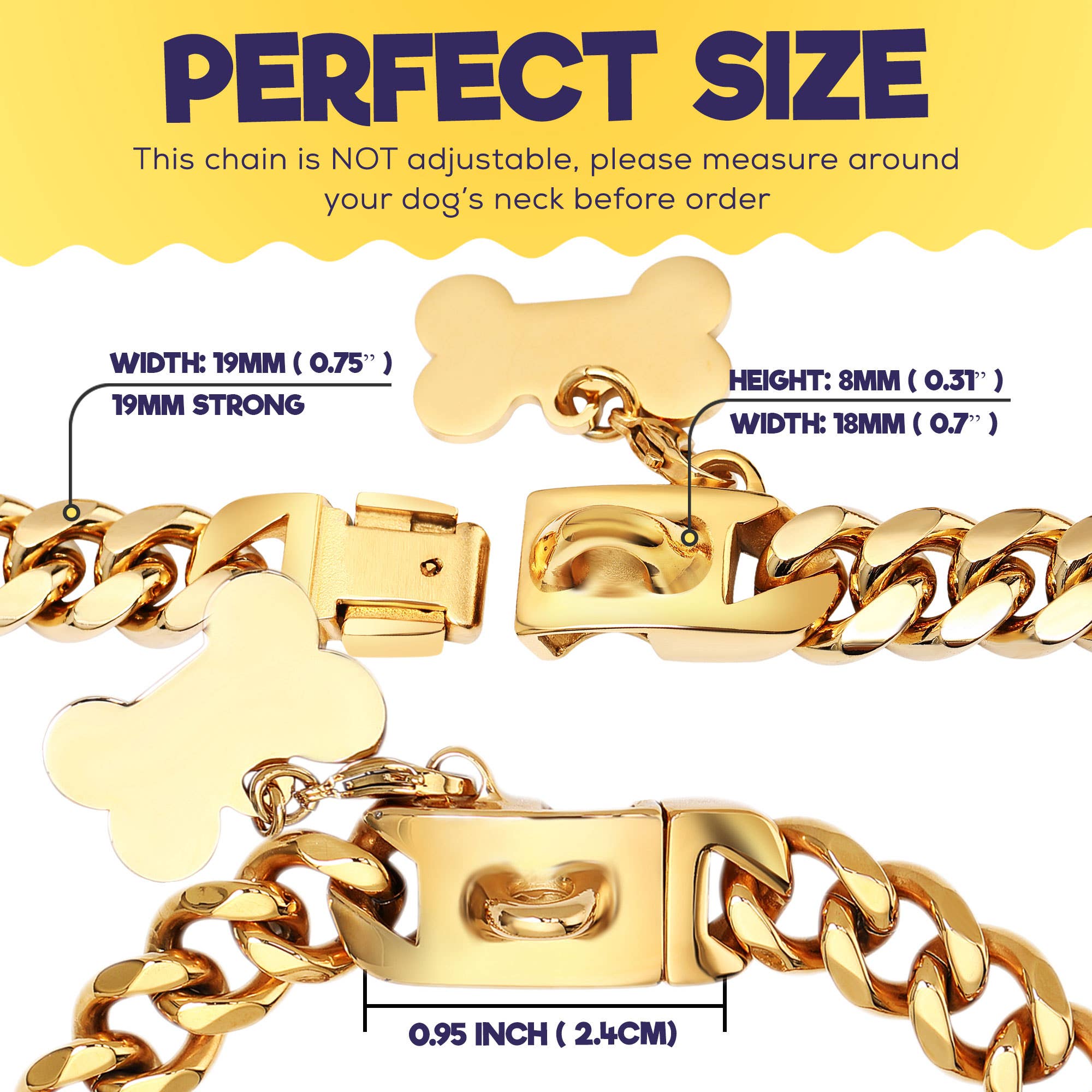 Vudeco Tarvos Gold Chain Dog Collar with Secure Snap Buckle - 19mm