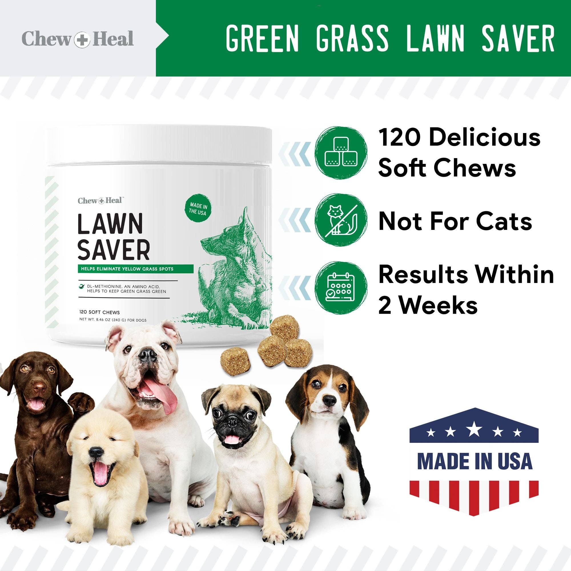 Chew + Heal Lawn Saver Chews For Dogs - Dog Urine Grass Saver - 120 Soft Chews