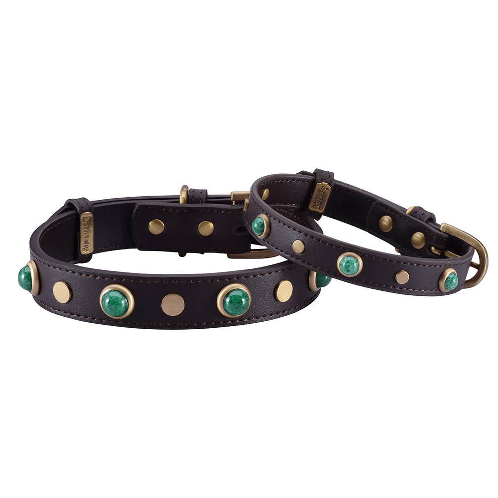 Dosha Dog Boho Dog Collar Brown w/ Glass Malachite Cabochons