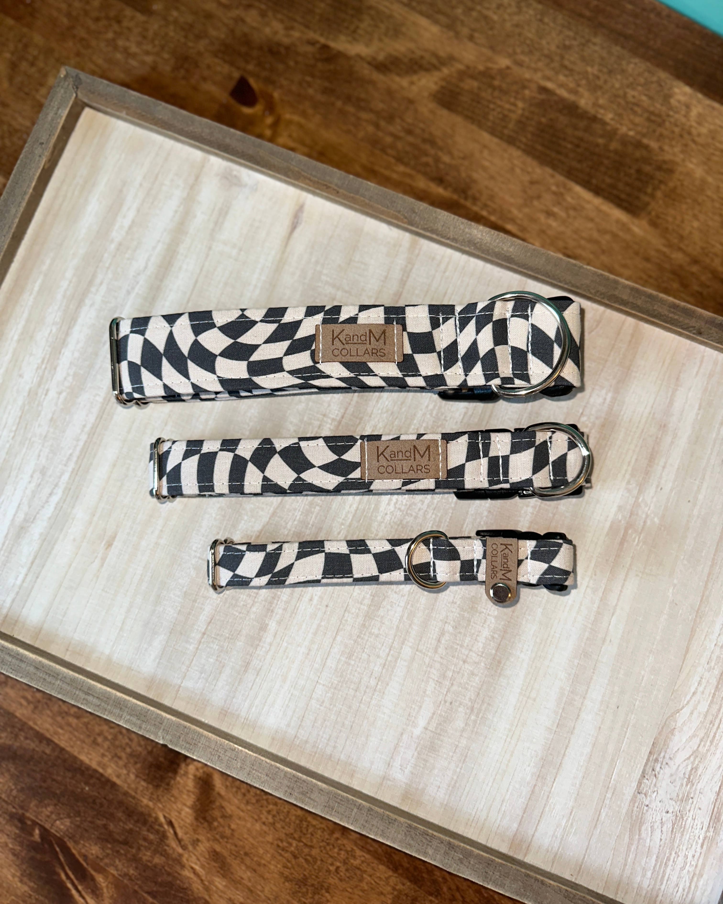 Wavy Black & White Checkerboard Dog Collar, K and M Collars