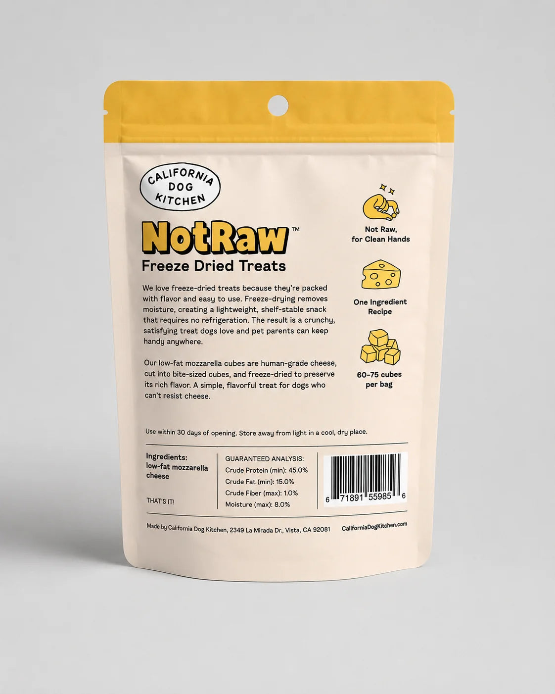 California Dog Kitchen FD Not Raw Mozarella Cubes