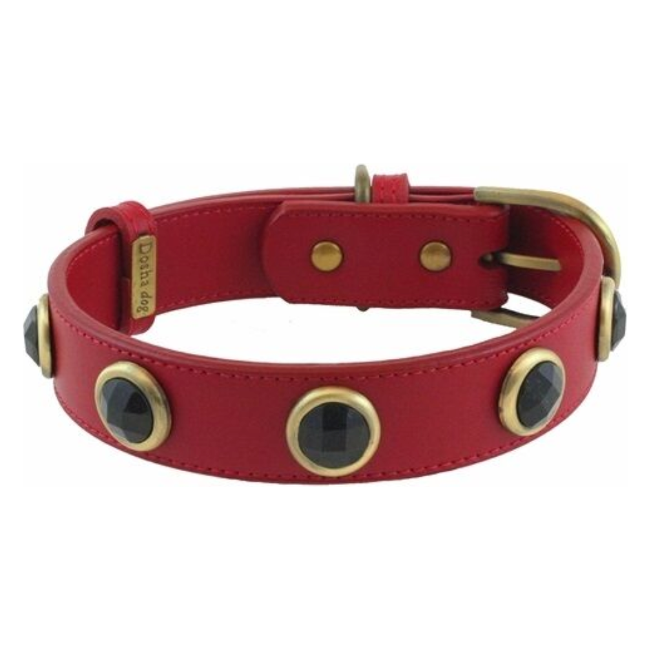 Dosha Dog Pebble Dog Collar/Leash  -  Red, Onyx Gemstones