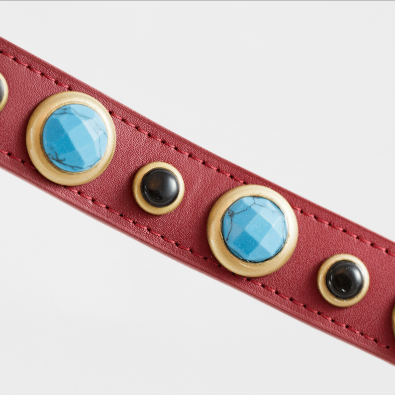 Dosha DogImperial Dog Collar/Leash - Red, Turquoise, Onyx Gemstones