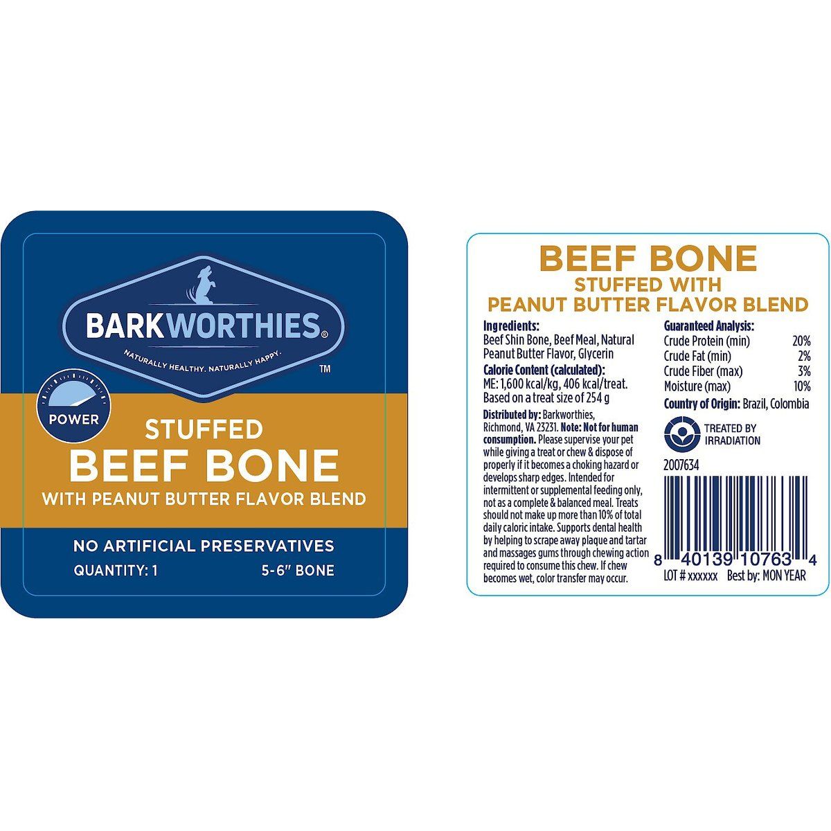 Barkworthies Dog Stuffed Shin Bone Peanut Butter Large