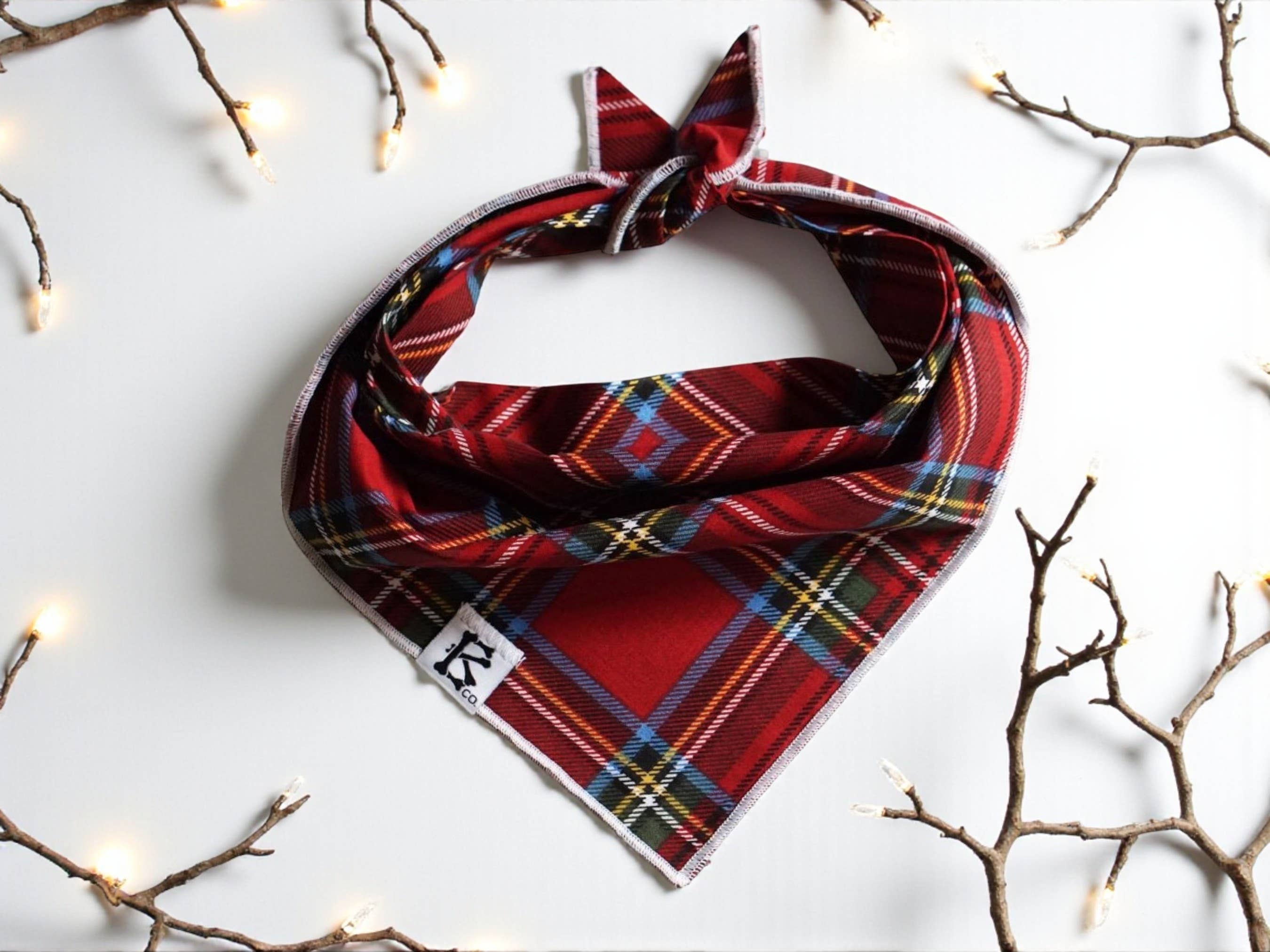 "Merry & Bright" Red Tartan Christmas Plaid Dog Bandana