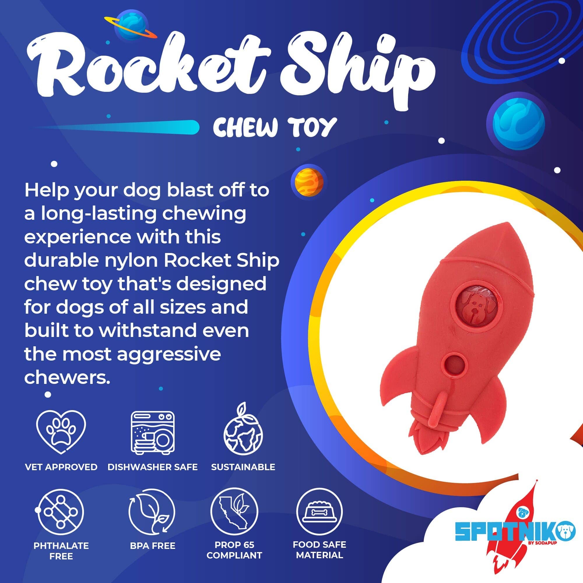 SodaPup Spotnik Rocket Ship Ultra Durable Nylon Dog Chew Toy
