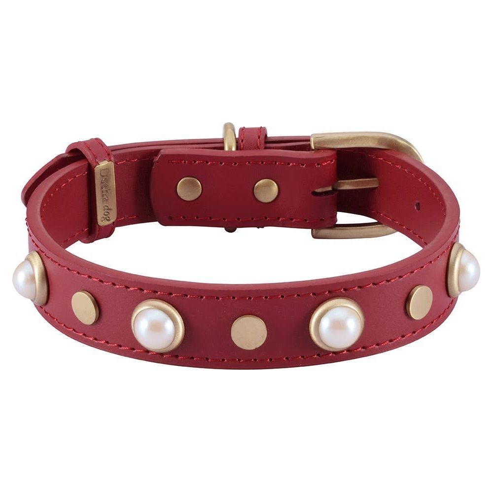 Dosha Dog Boho Dog Collar Red w/ Glass Pearl Cabochons