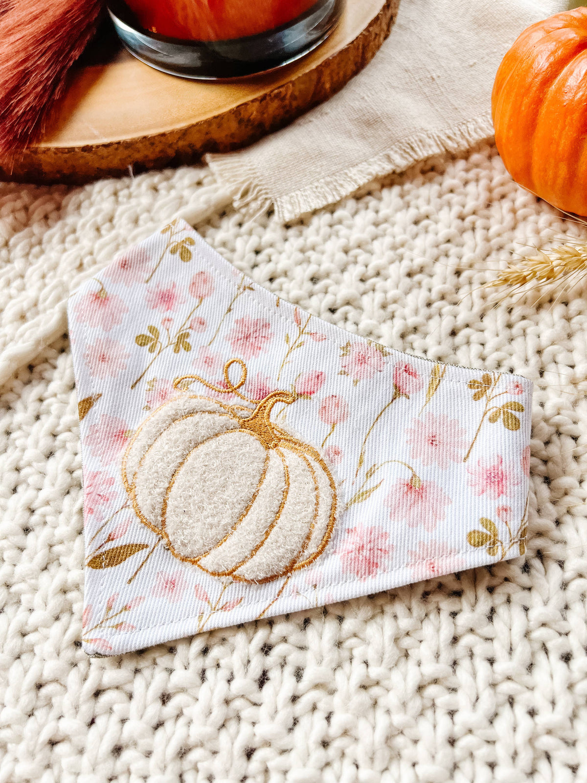 Stellaloo Pumpkin Fall Embroidered Snap-On Reversible Dog Bandana