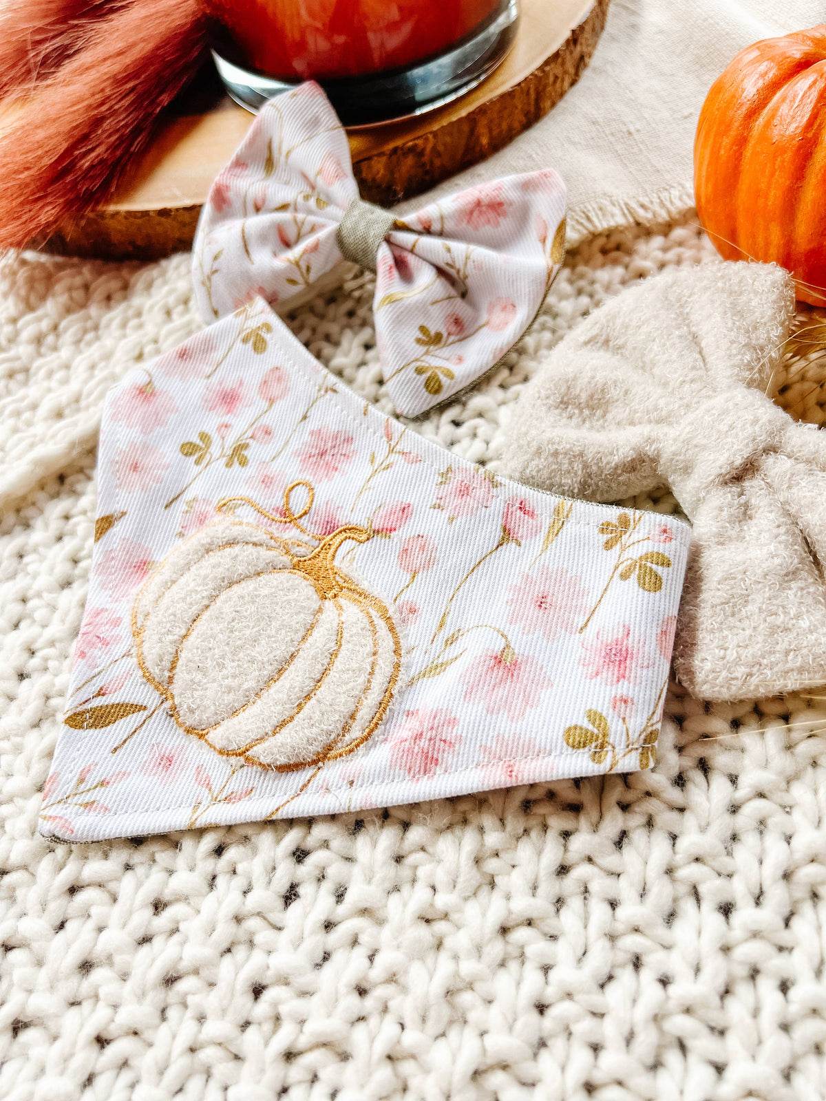 Stellaloo Pumpkin Fall Embroidered Snap-On Reversible Dog Bandana