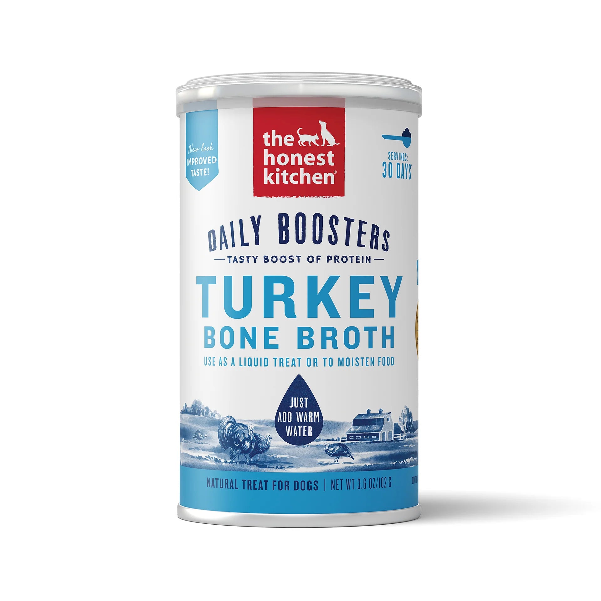 The Honest Kitchen Dog Cat Daily Booster Turkey Bone Broth Turmeric 3.6oz Canister